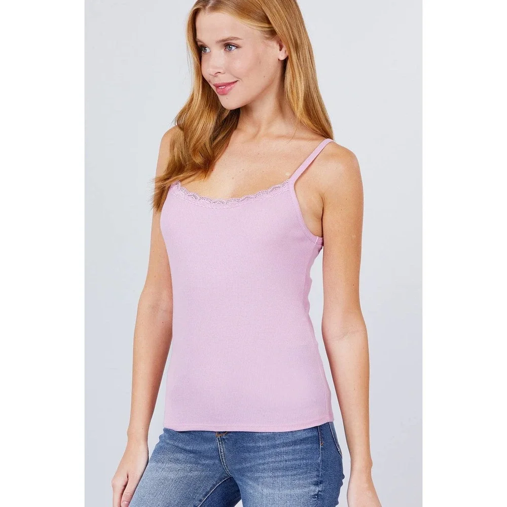 Lace Trim Rib Cami Knit Top - Picture 2 of 5